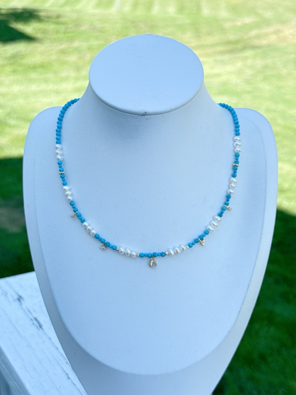 26X348 Handmade Freshwater Baby Pearl Turquoise Dainty Necklace 16+2”